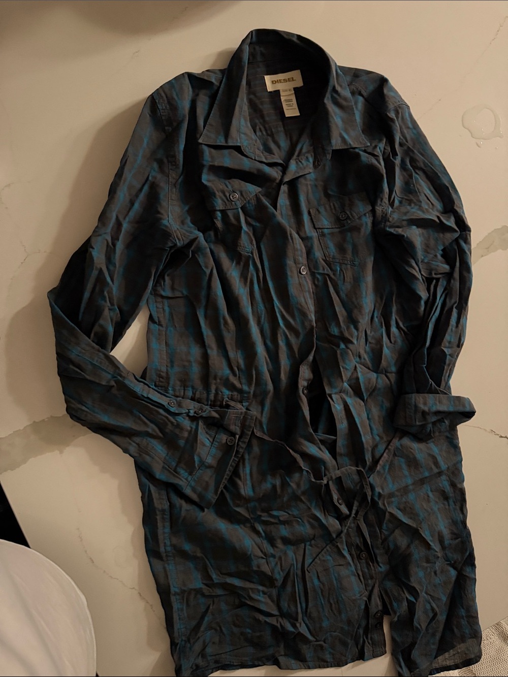 Diesel Blue and Black Plaid Long Trench Shirt